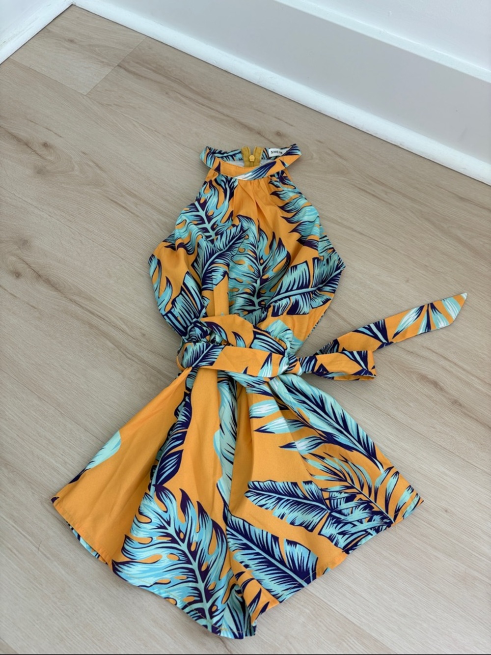 SHEIN Yellow and Navy Tropical Halter Romper